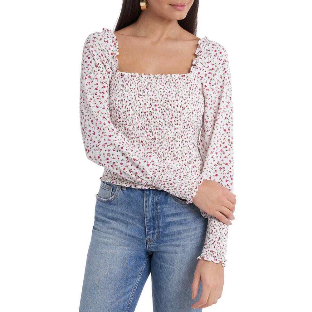 1.STATE Floral Square Neck Long Sleeve Blouse in Ditsy Floral Ecru Ivory Size S